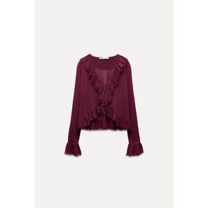 Burgundy Merlot Zara Ruffle Tie-String Lightweight Knit Cardigan Sweater (NWT)